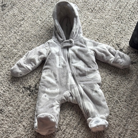 Carter's Gray Footies One Piece with mittens and hood bear design CUTE AND SOFT! - Picture 3 of 9